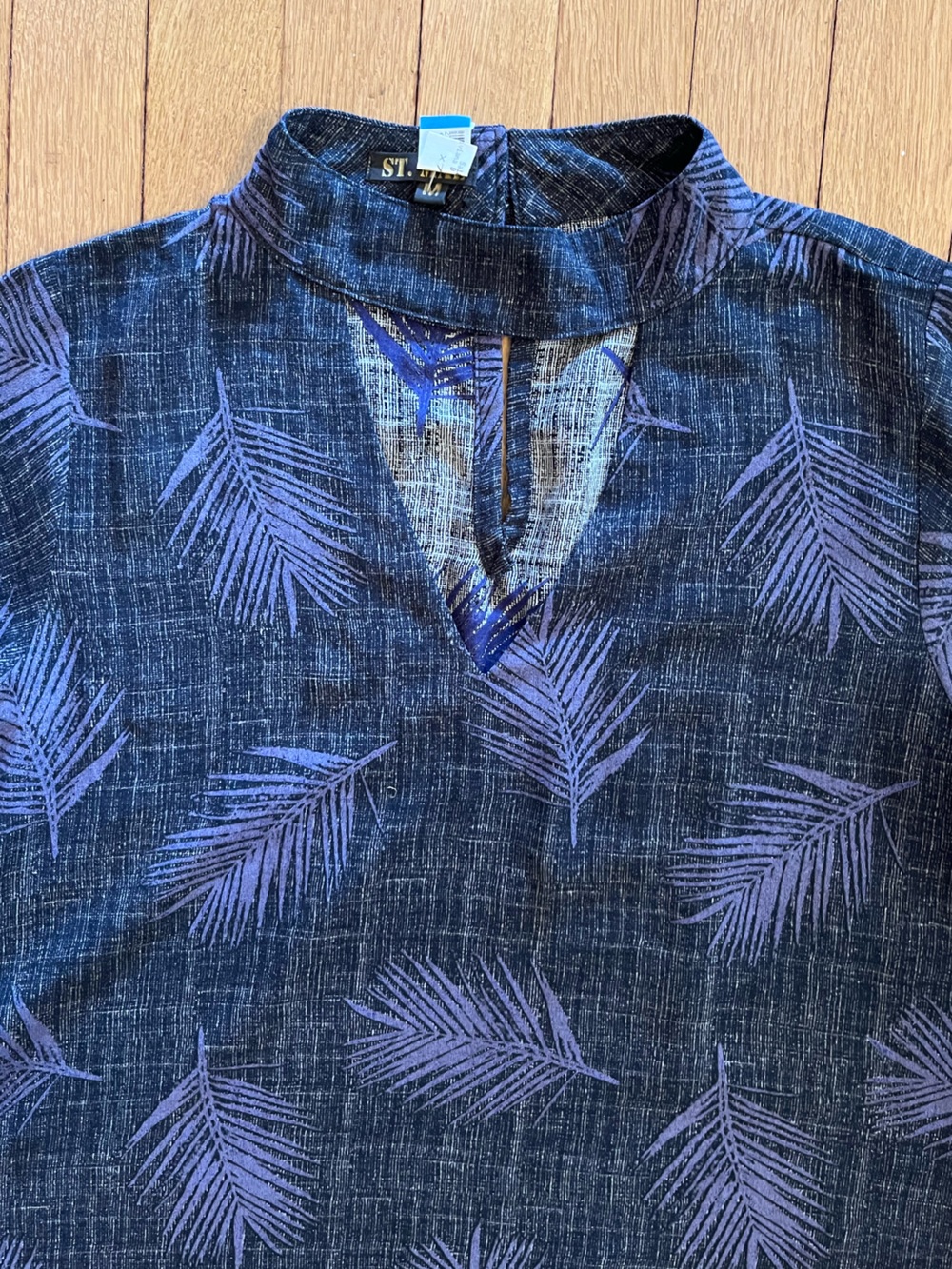 Short Sleeve Navy A-line Dress with Purple Leaf Print— Size M - Picture 2 of 6